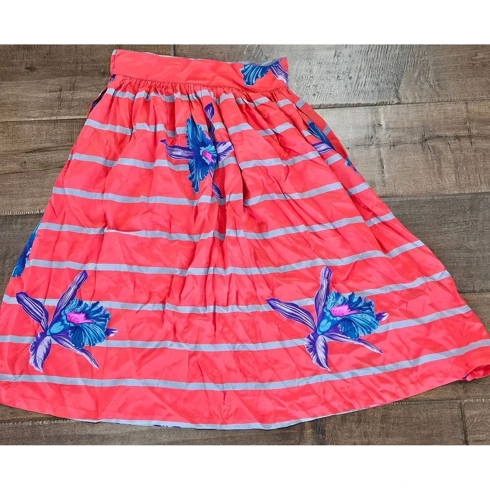 RARE VTG Irka 100% Silk 2 Piece Skirt‎ Set Coral Pink Blue Orchid Floral Stripe